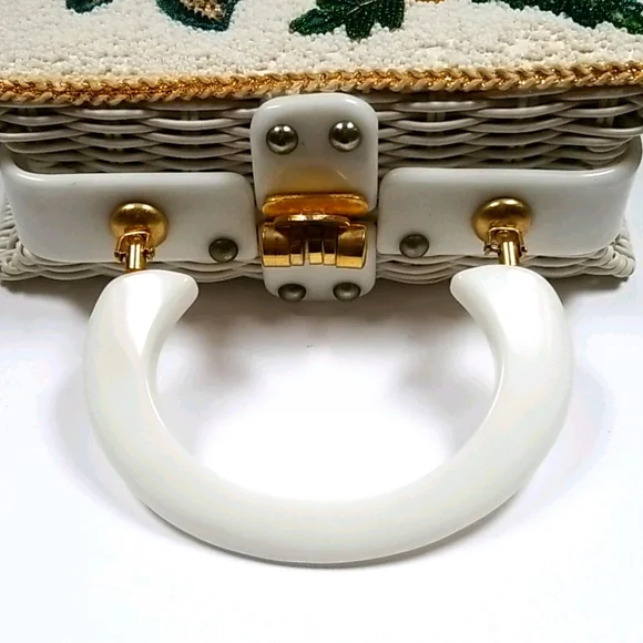 Vintage 1950s Mid Century ADELES Miami Beaded Lucite Wicker Box Bag - Picture 8 of 16